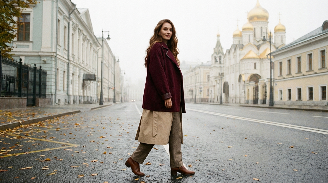 Модный капор от Razely в осеннем образе на фоне московских улиц