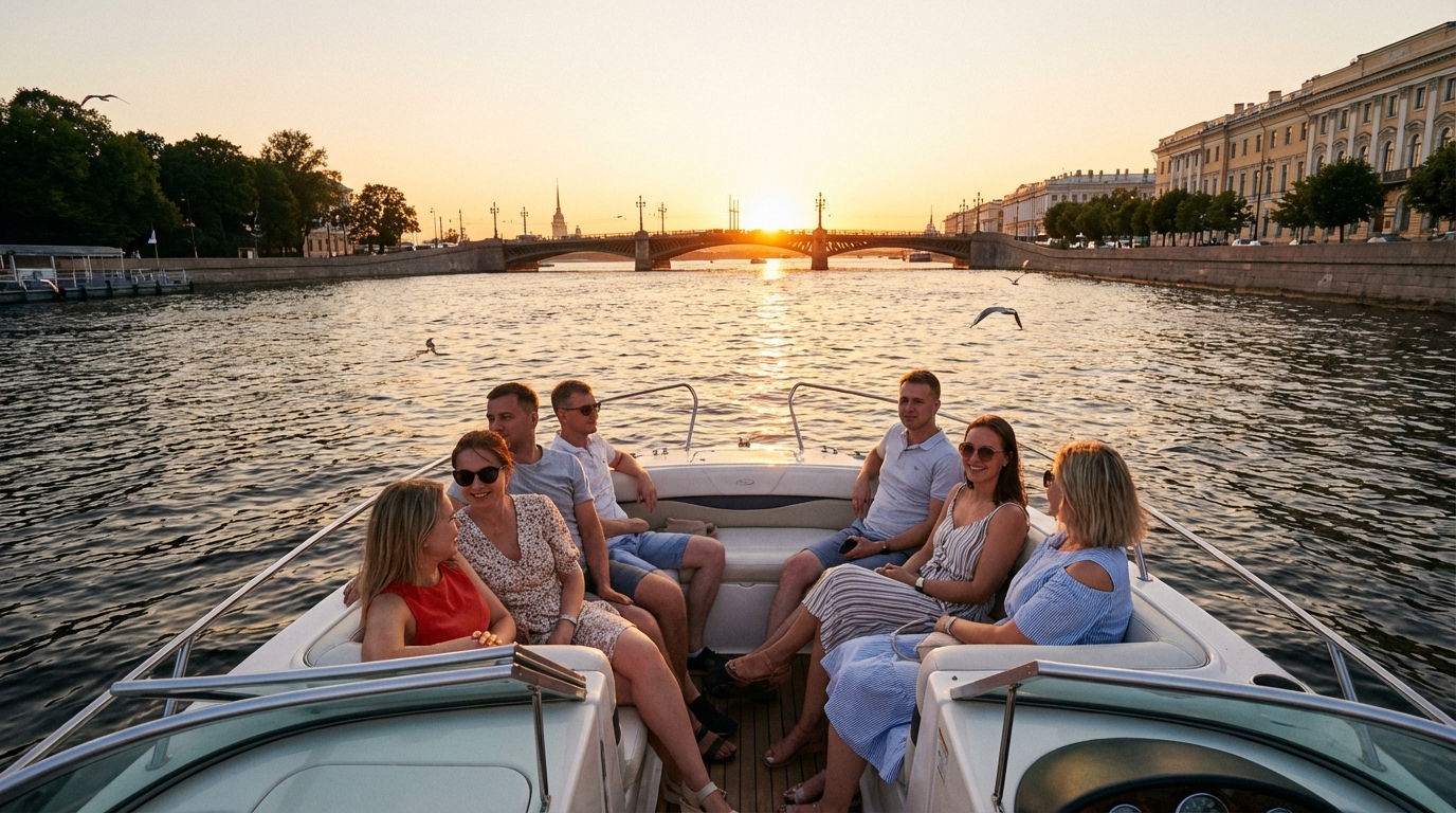Катер на прогулке по Неве с видом на мосты
