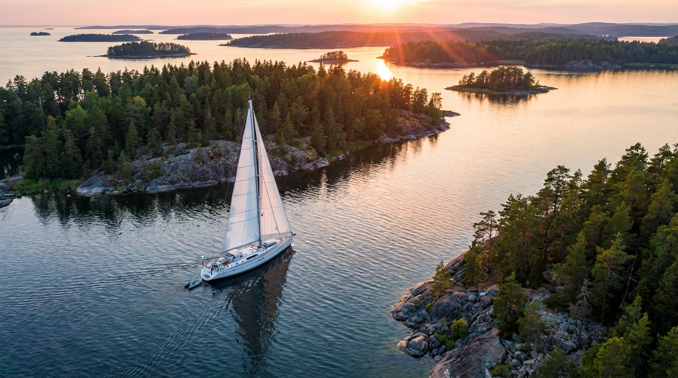 Яхта на Ладожском озере среди островов