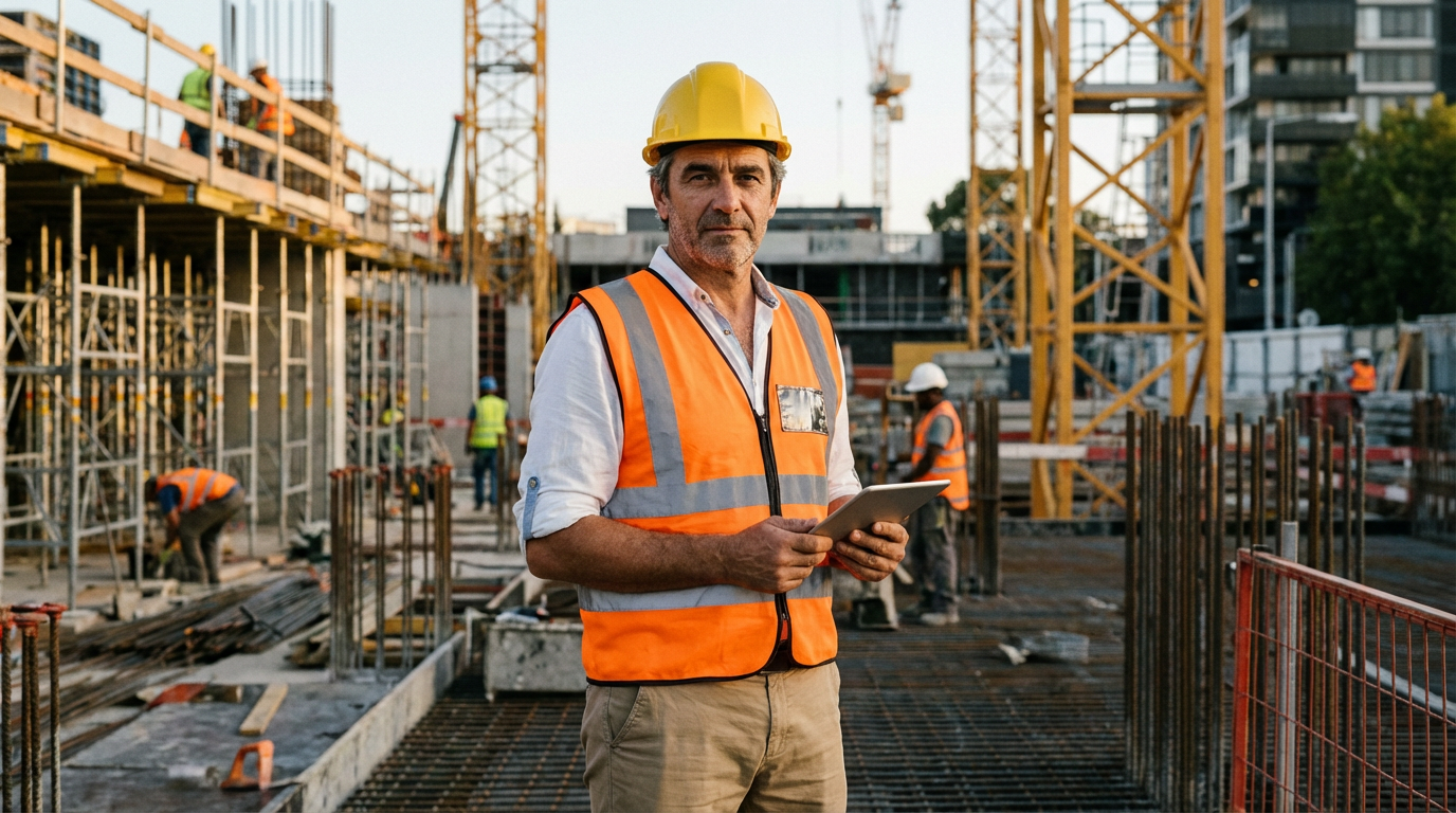 Сергей Воронин — портрет автора в профессиональной среде на строительной площадке