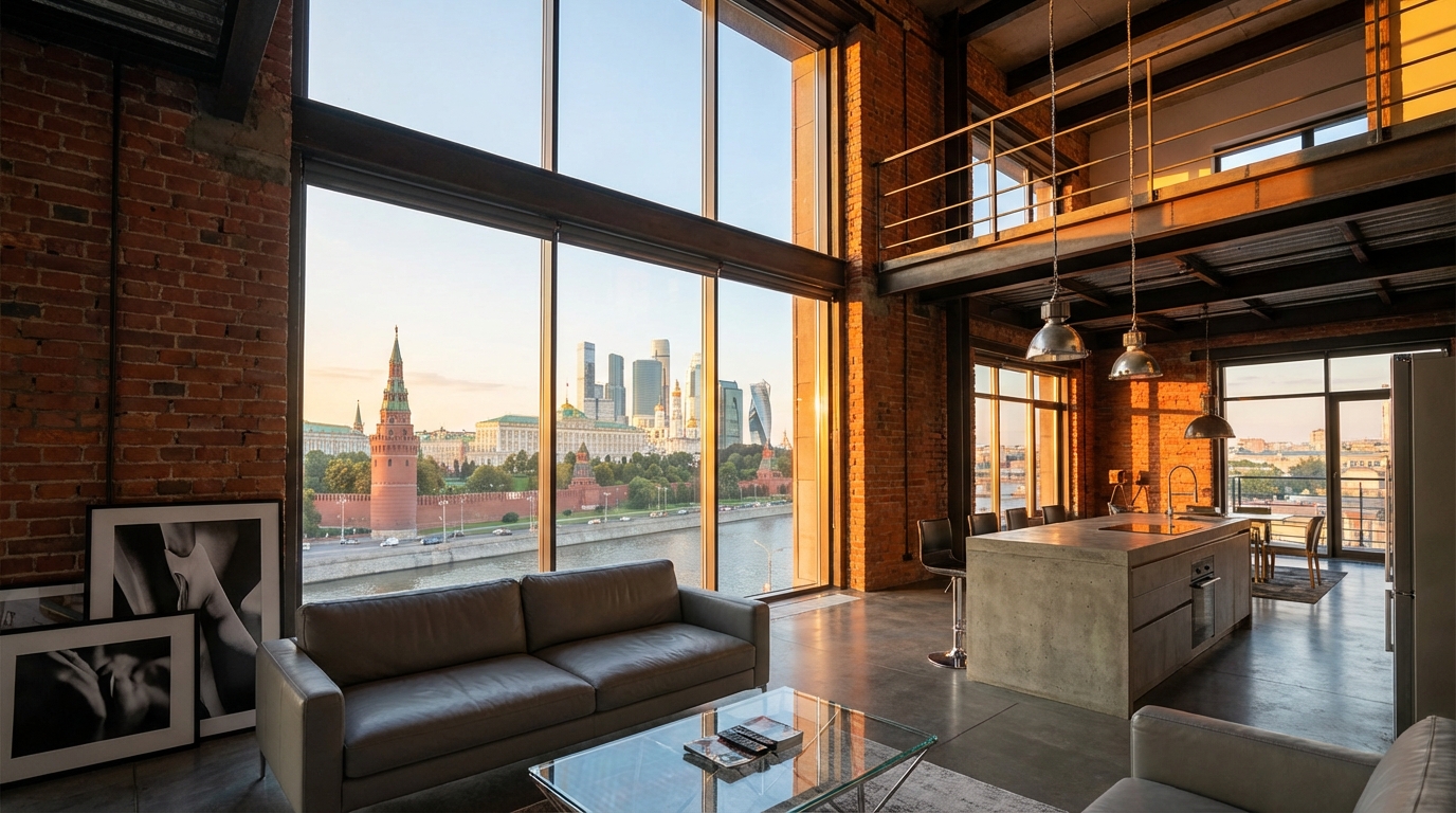 Вид на лофт в центре Москвы с панорамными окнами