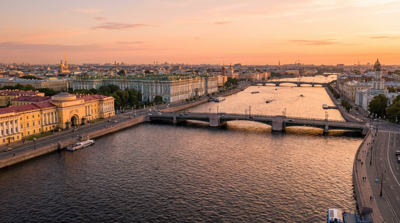 Широкая Нева в центре Санкт-Петербурга с видами на мосты и здания