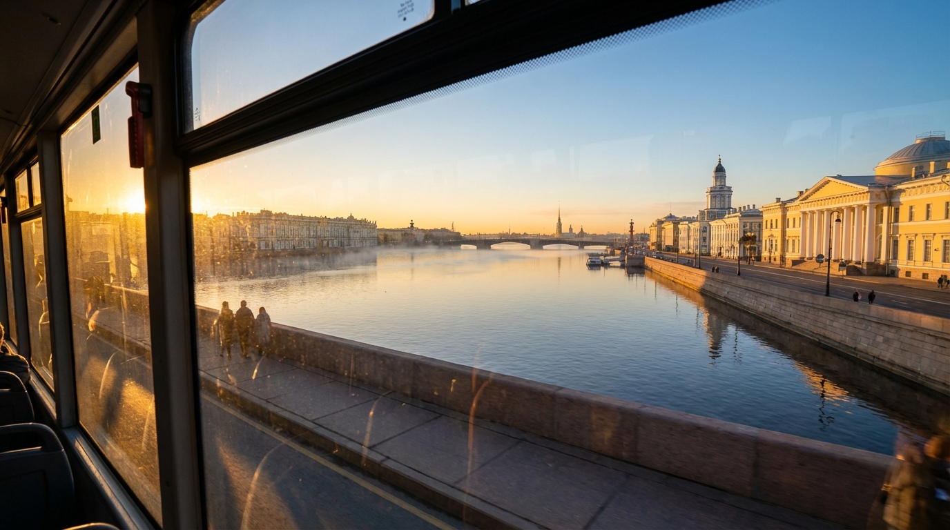 Панорамный вид на Неву с экскурсионного автобуса в Петербурге