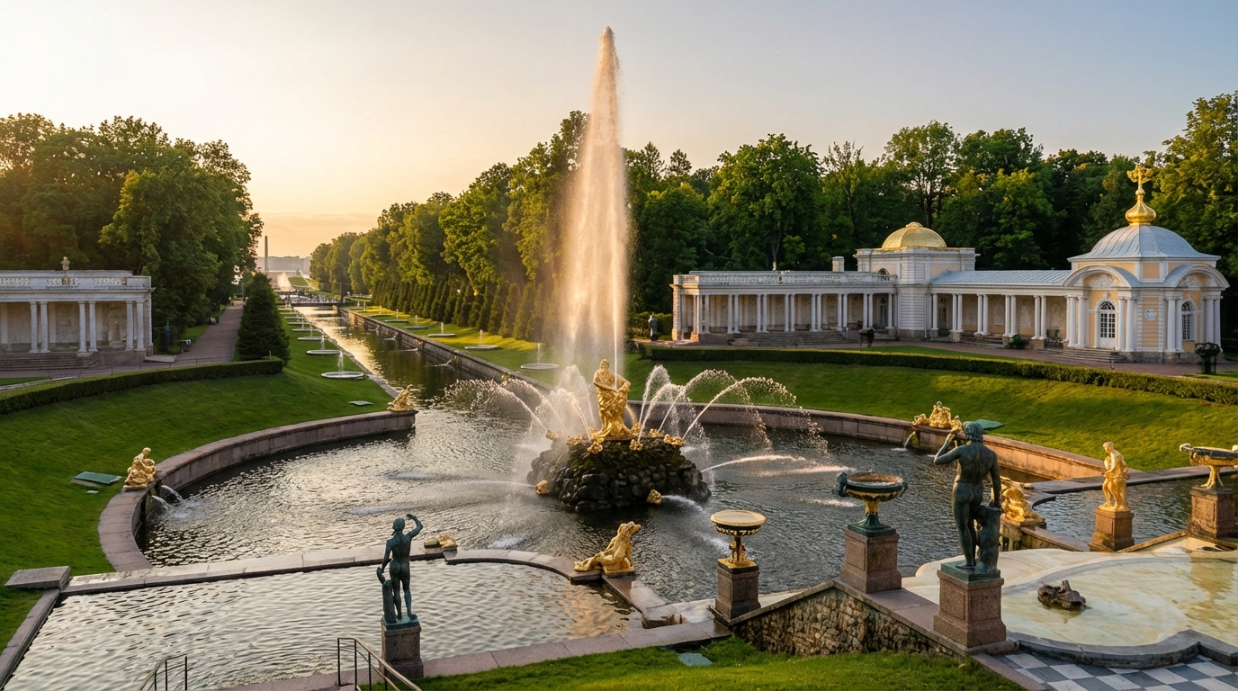 Фонтанный комплекс в Нижнем парке Петергофа с струями воды на фоне дворца