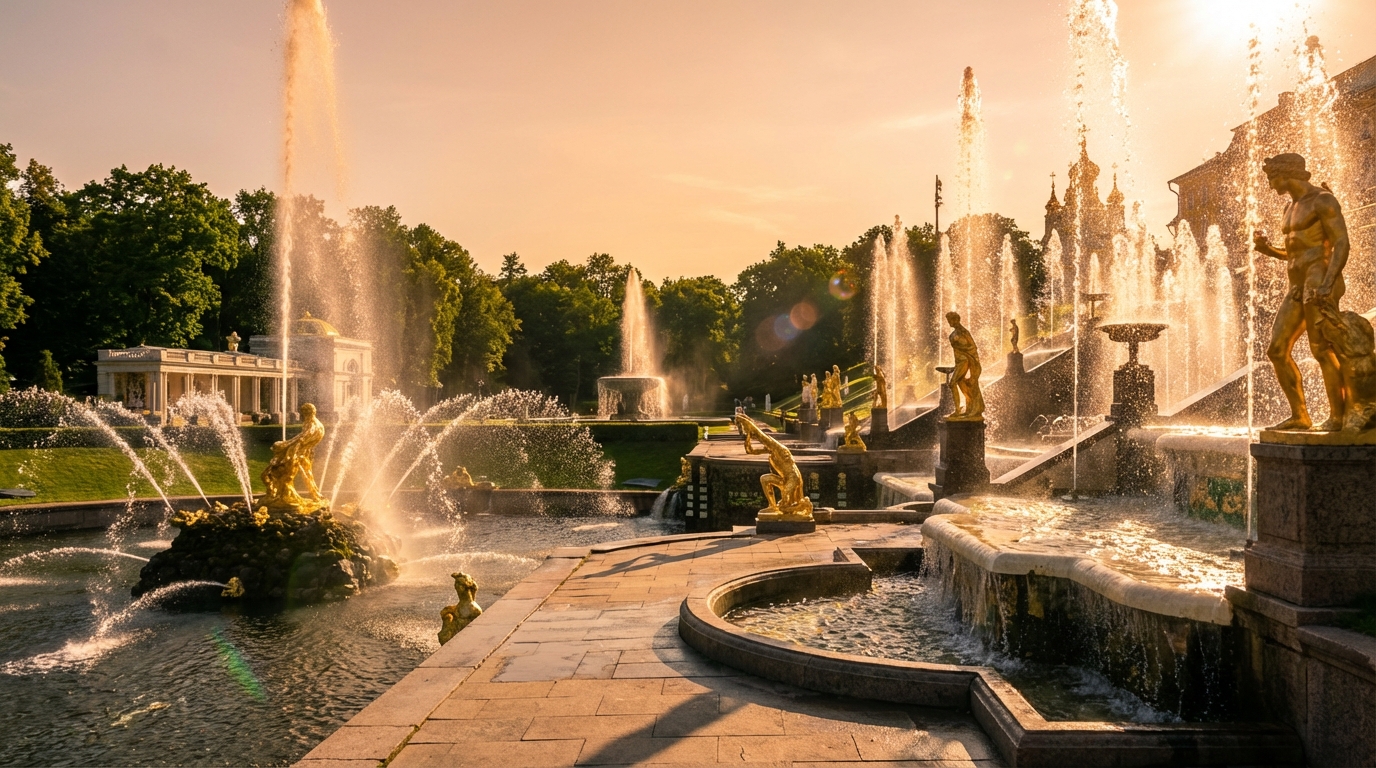 Фонтаны Нижнего парка в Петергофе во время работы