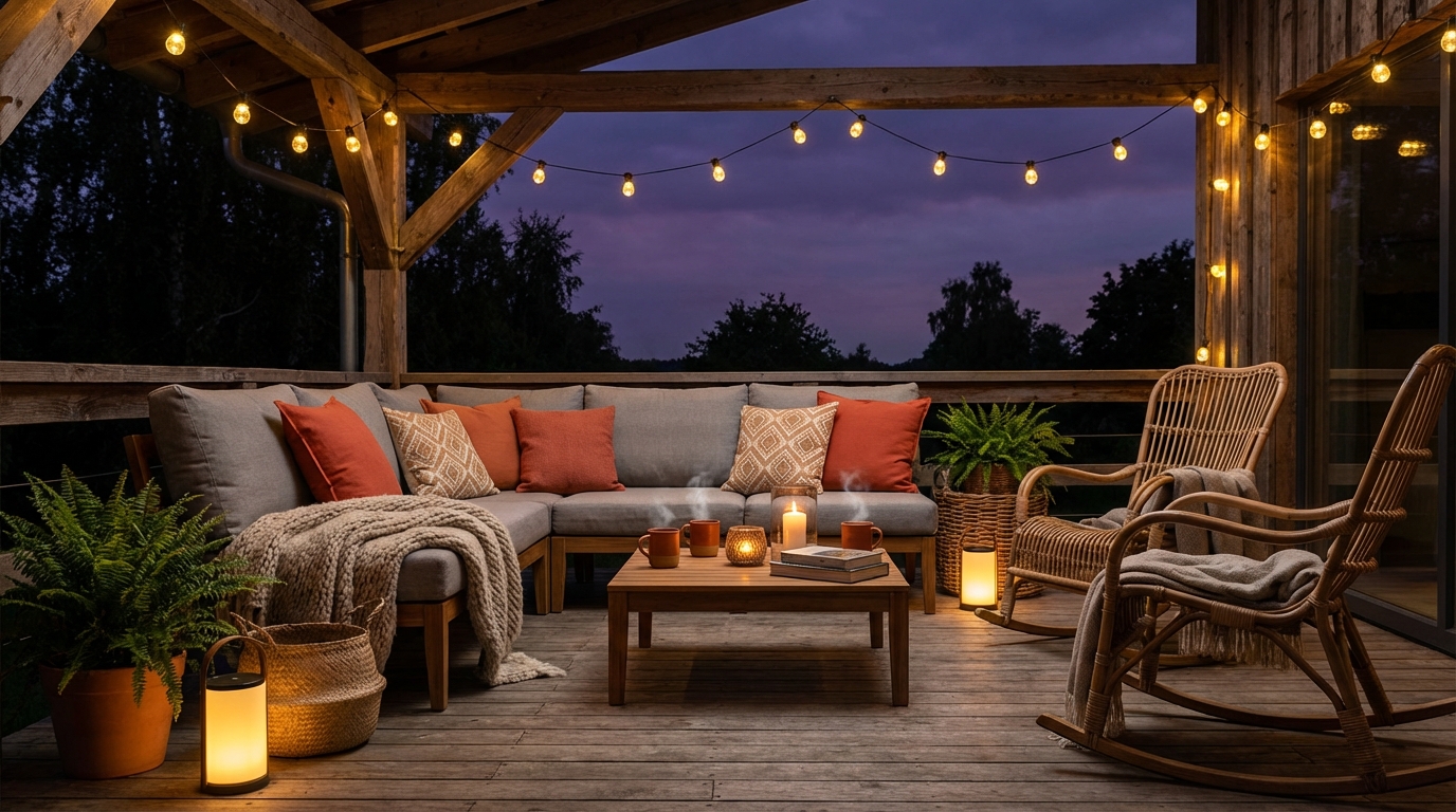Уютная зона отдыха на террасе вечером с иллюминацией