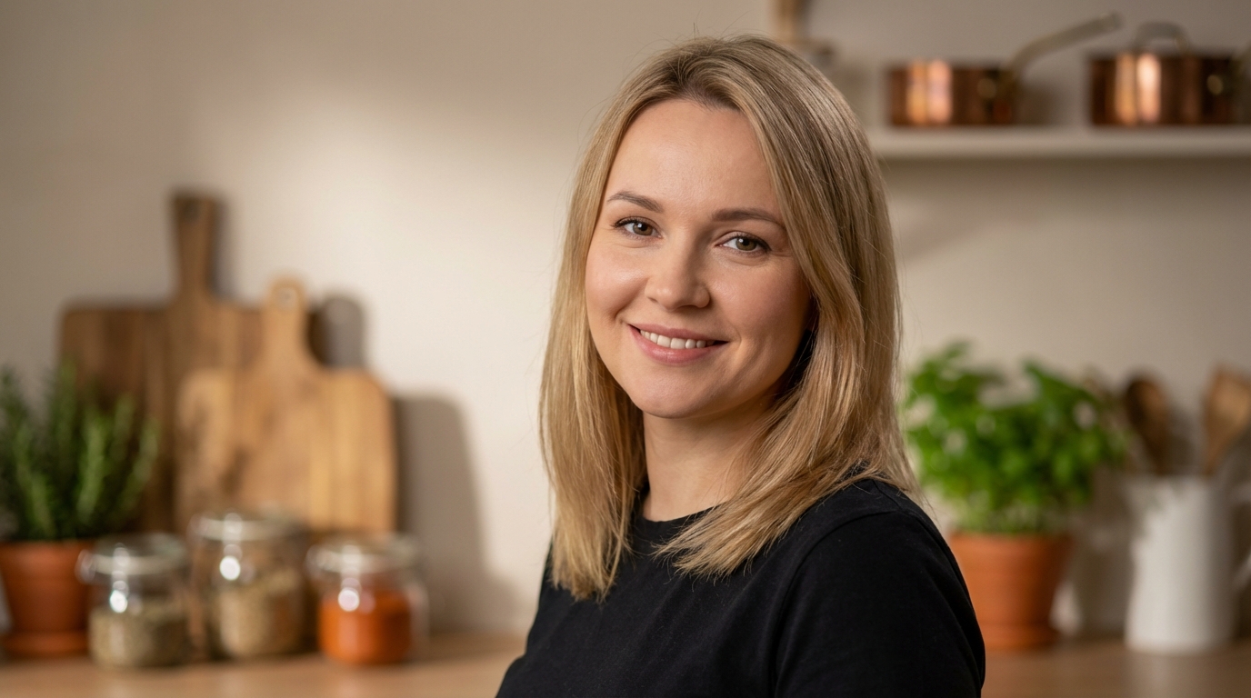 Ольга Воробьёва — фото автора в студийном освещении с улыбкой на фоне кухонных аксессуаров