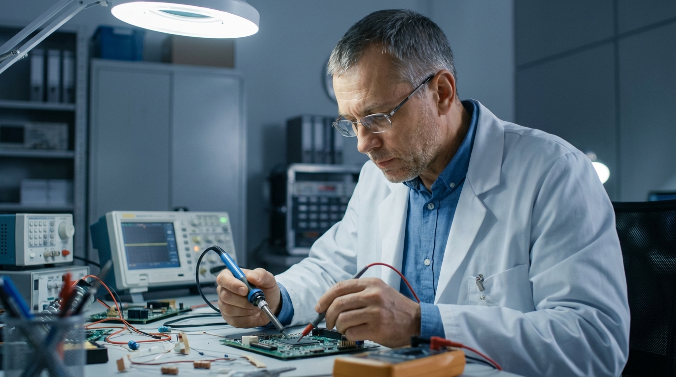 Виктор Павлов — портрет инженера за работой с электронными платами в лаборатории