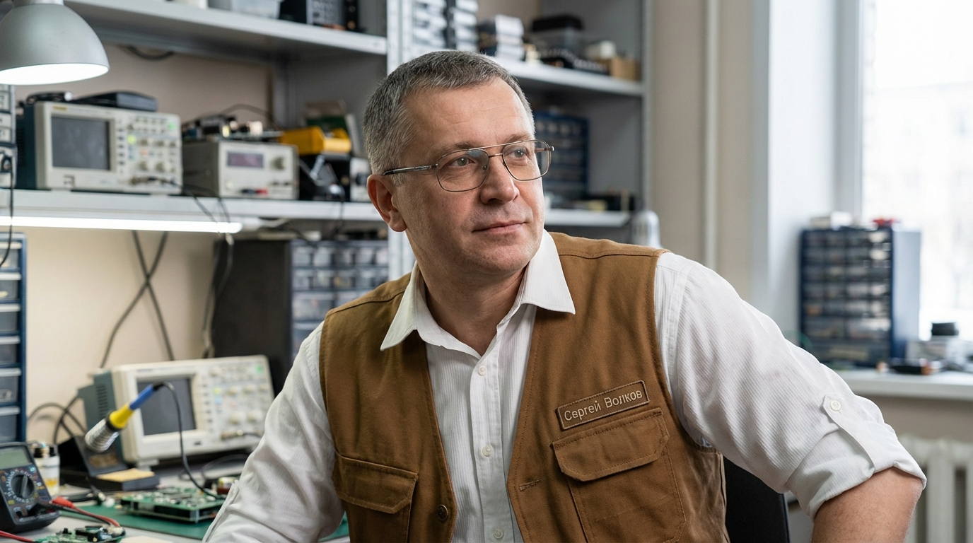 Сергей Волков — портрет автора в профессиональной обстановке с элементами электрооборудования