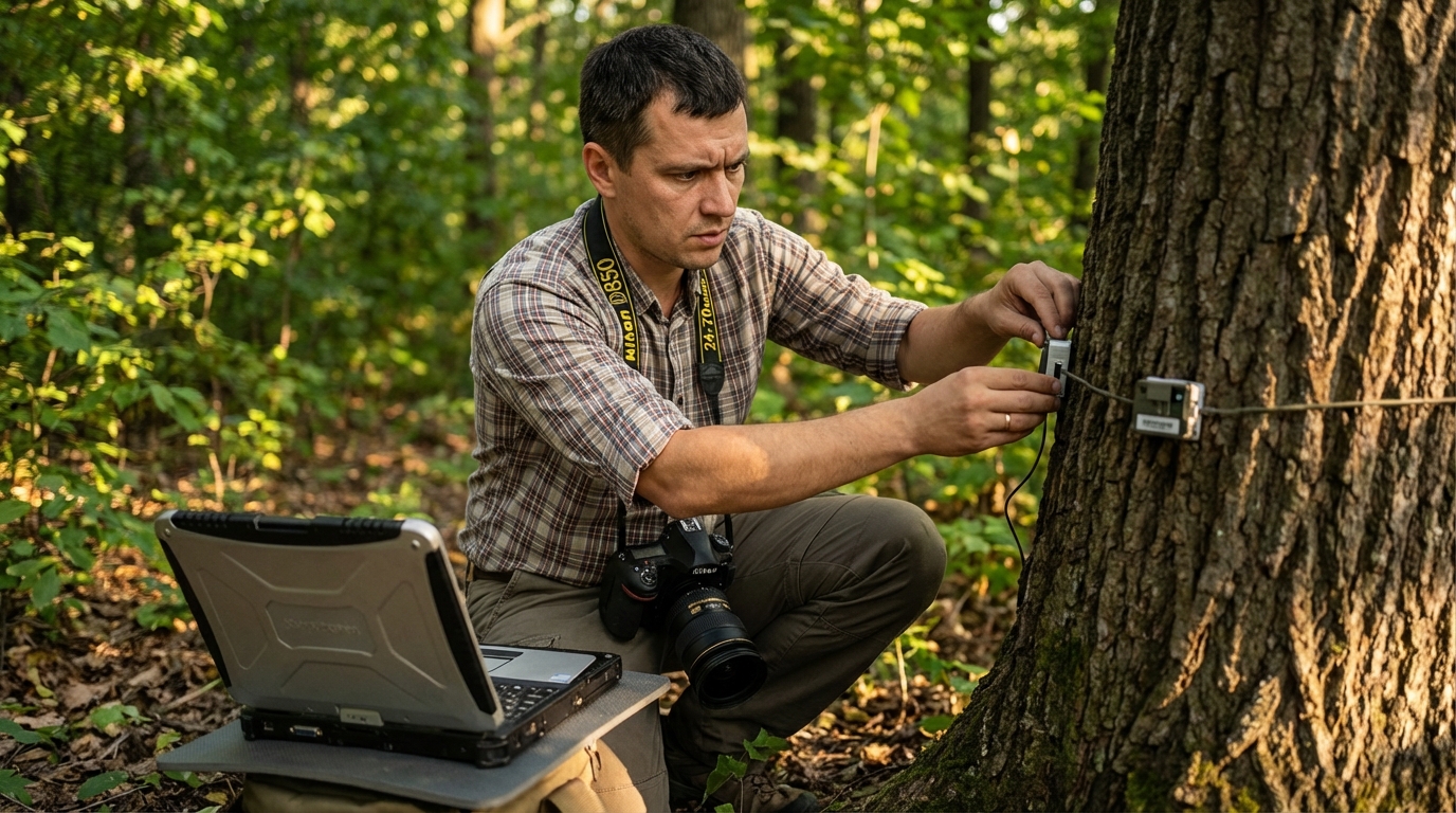 Дмитрий Соколов — фото специалиста за работой с датчиками в зеленой зоне