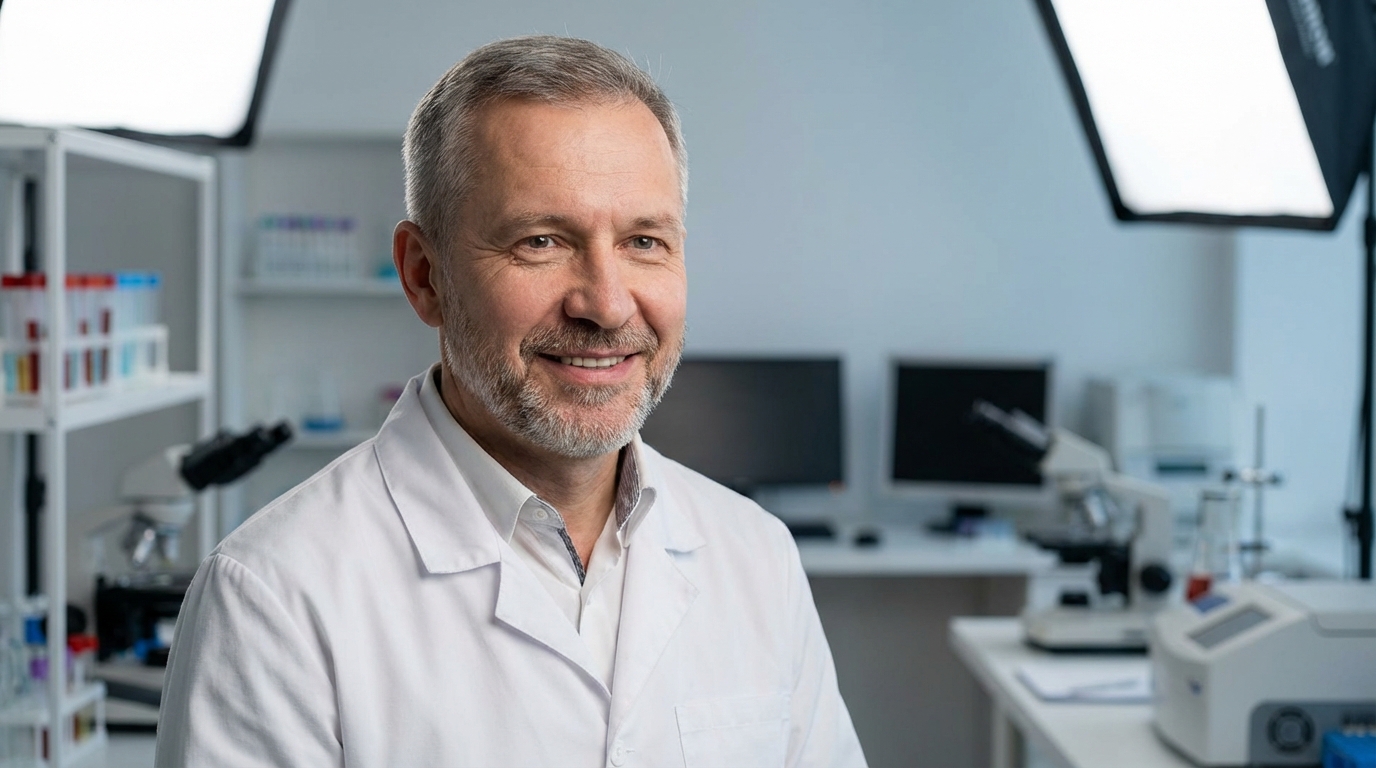 Сергей Козлов — портрет автора статьи в профессиональной студии с фоном лаборатории