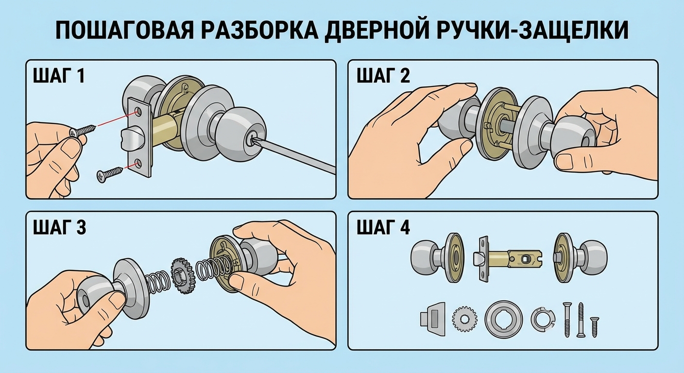 Изображение этапов демонтажа дверной ручки с защелкой