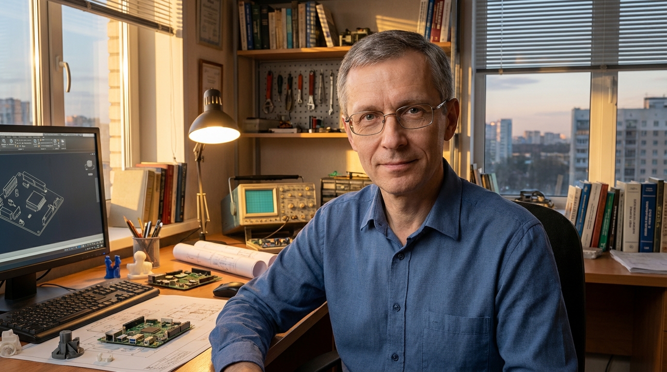 Дмитрий Соколов — портрет автора в инженерном кабинете с оборудованием