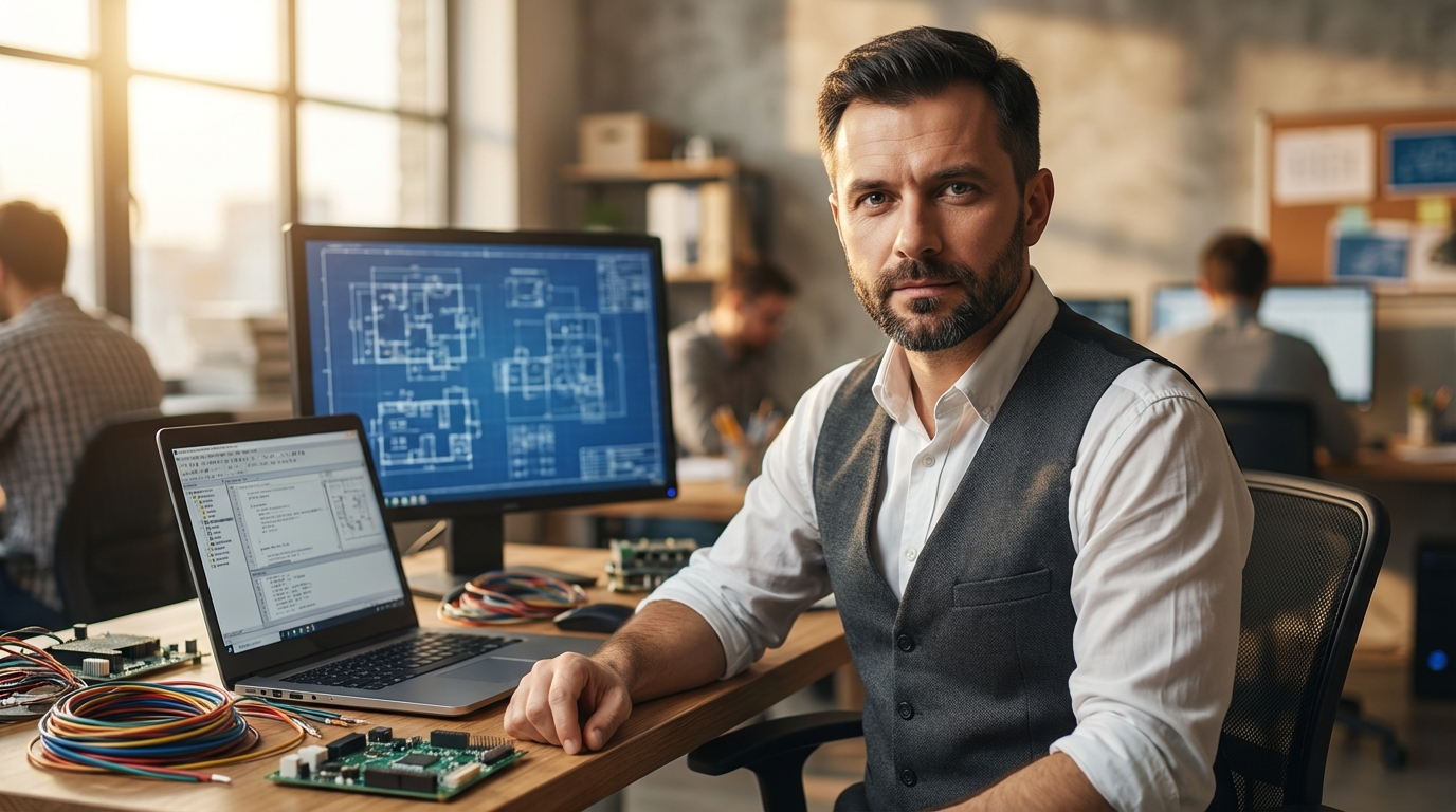 Дмитрий Соколов — портрет специалиста в инженерном офисе с элементами электросистем