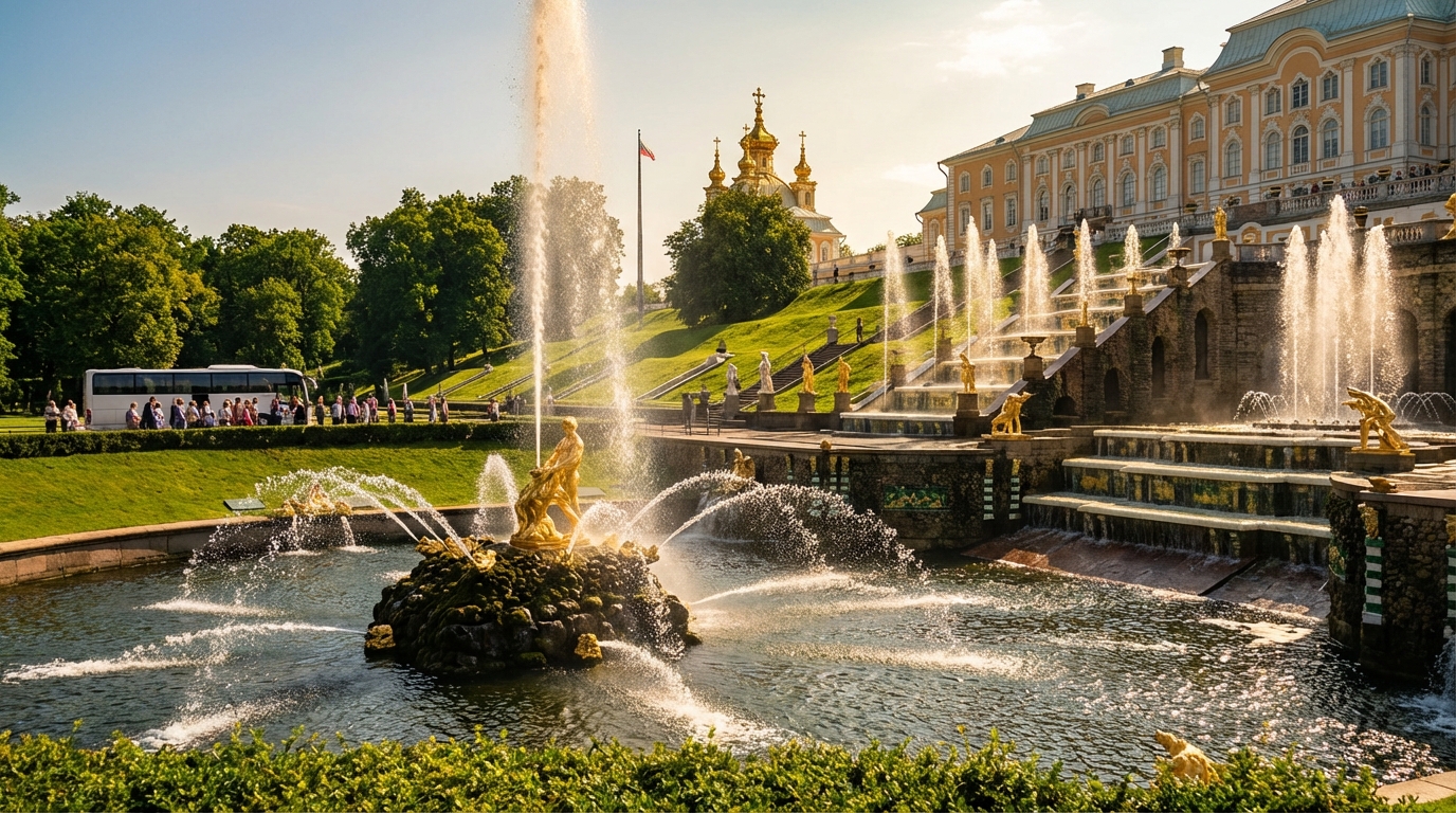Фонтаны Петергофа во время автобусной экскурсии