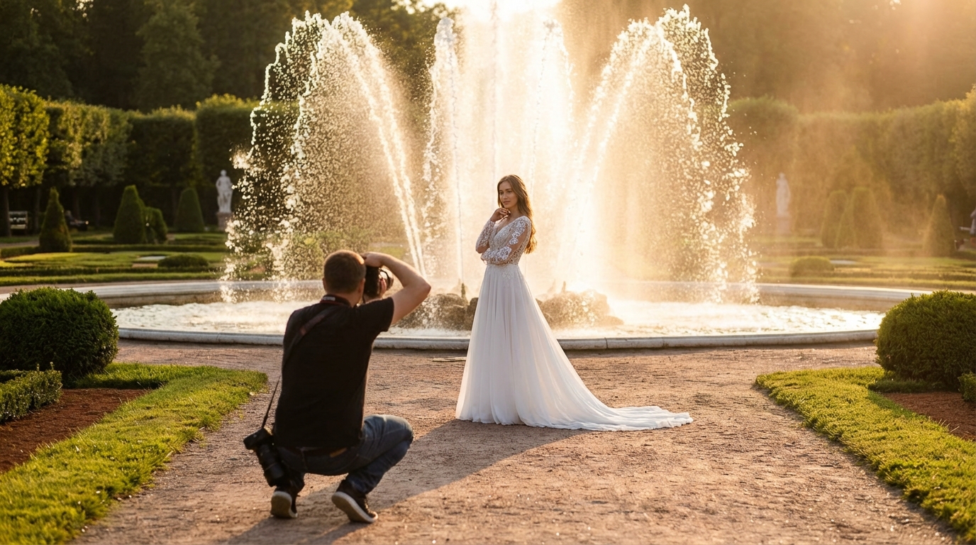 Фотосессия у фонтана в Петергофе