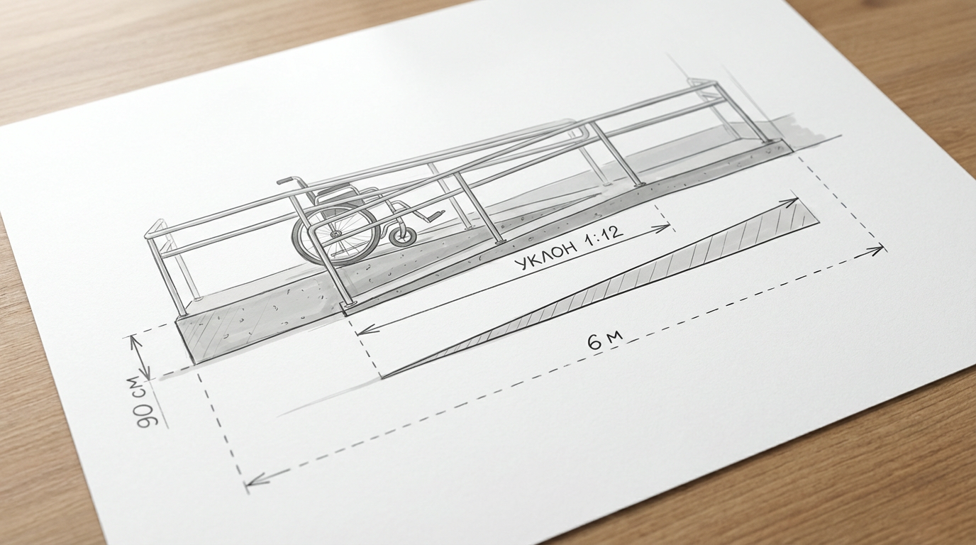 Эскиз пандуса для инвалидной коляски с указанием уклона и размеров