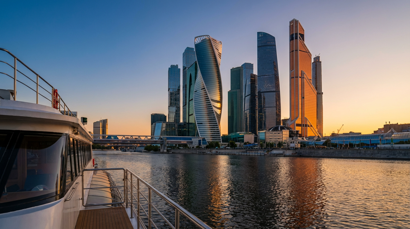 Панорама Москва-Сити с Москвы-реки на речном трамвайчике