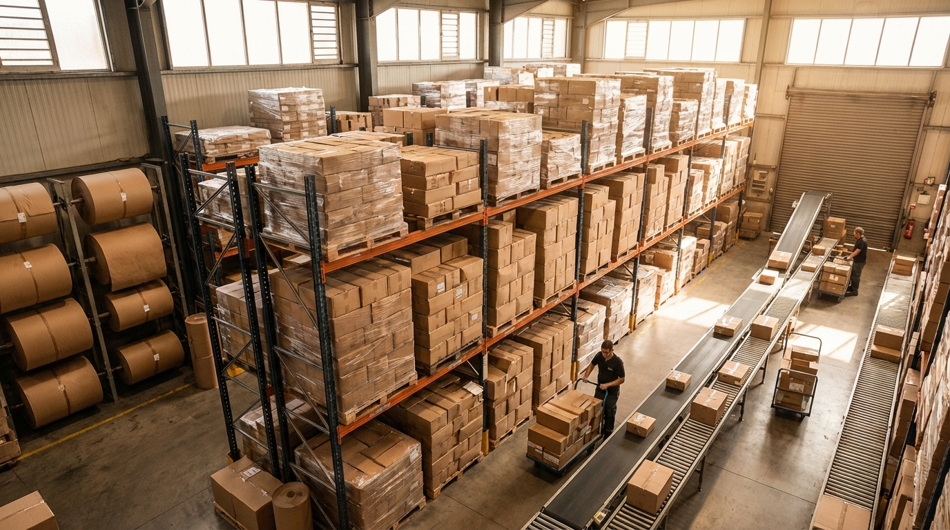 Крафт-бумага в логистической упаковке на складе