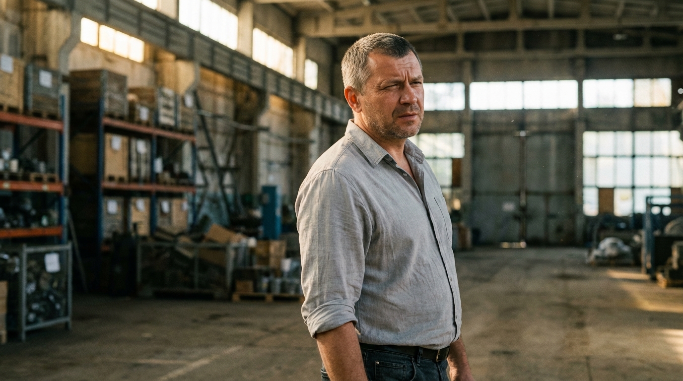Сергей Кузнецов — портрет автора, мужчина за 40 лет в casual-стиле на фоне промышленного склада, с задумчивым выражением лица