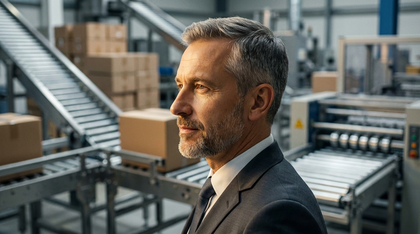 Дмитрий Козлов — портрет эксперта по упаковке в профиль, на фоне промышленного оборудования