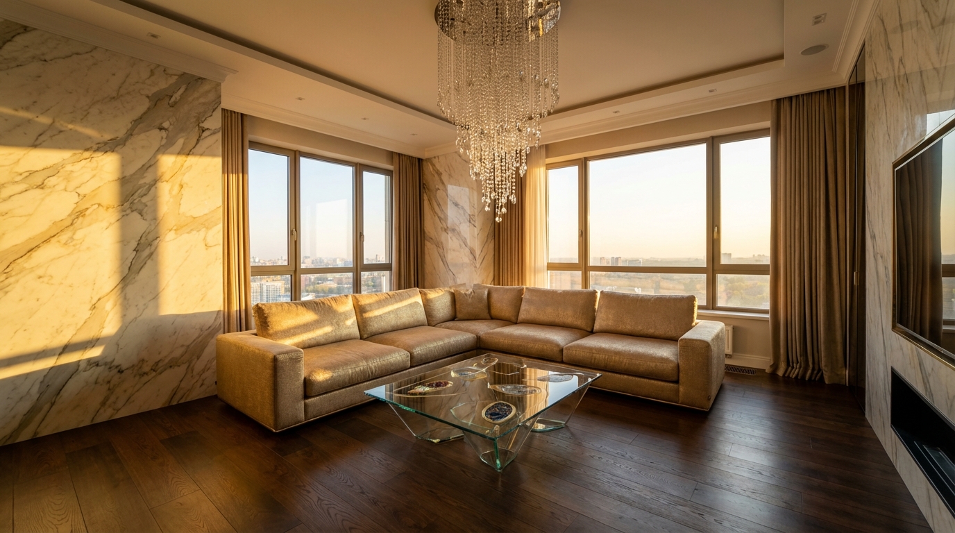 Пример использования эксклюзивных материалов в элитном интерьере квартиры