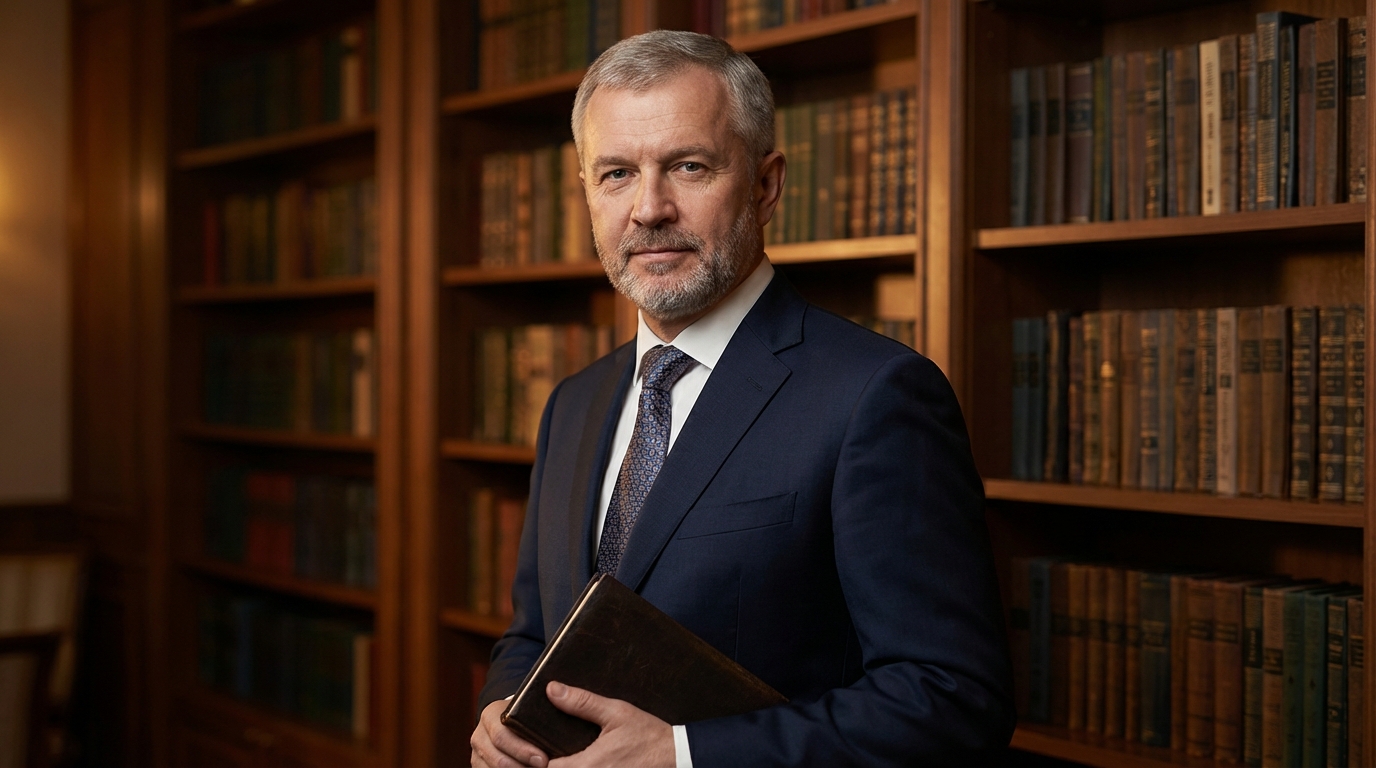 Евгений Петрович Лебедев — портрет автора в деловом стиле с книгой в руках