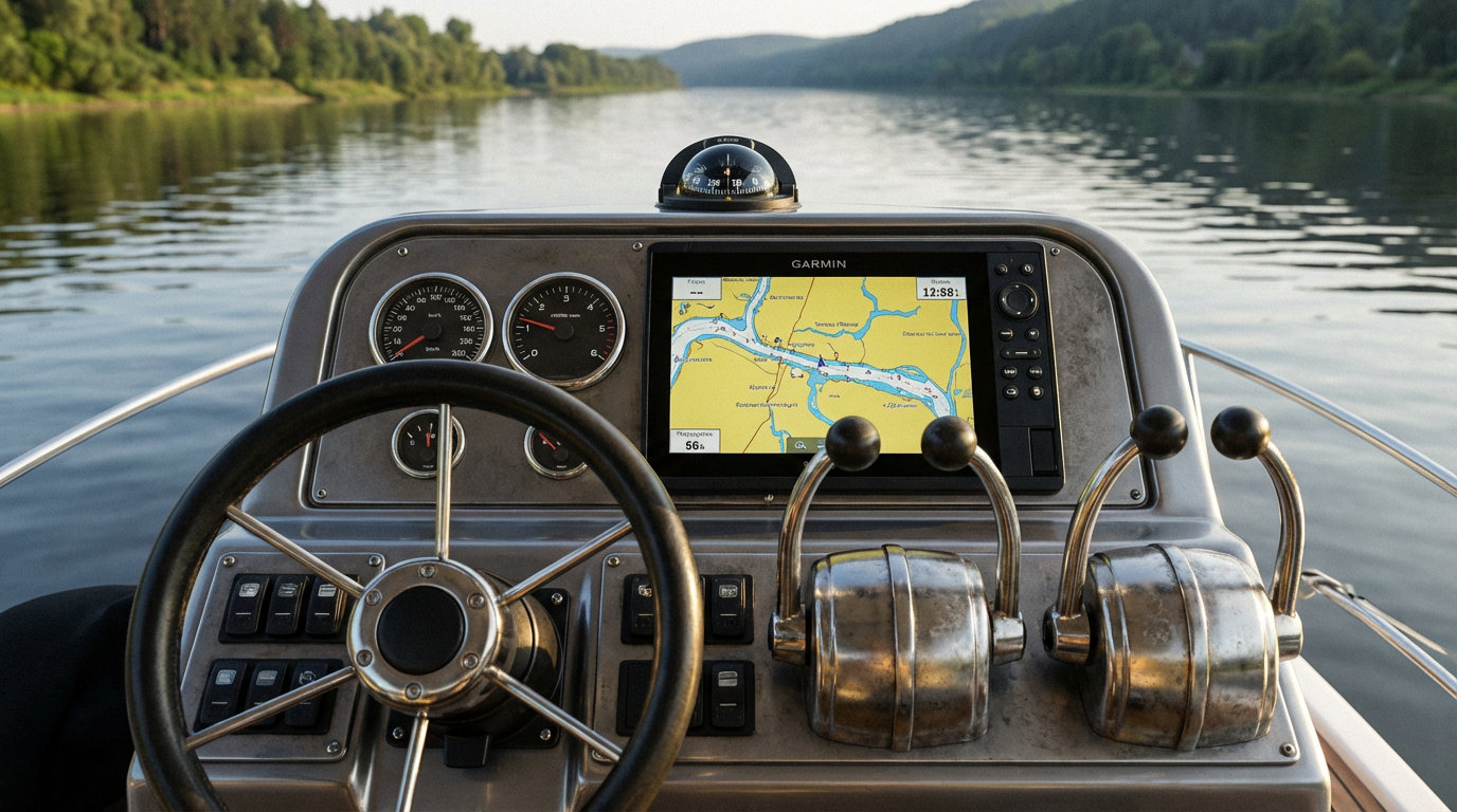 Панель управления моторной лодкой на российском водоеме