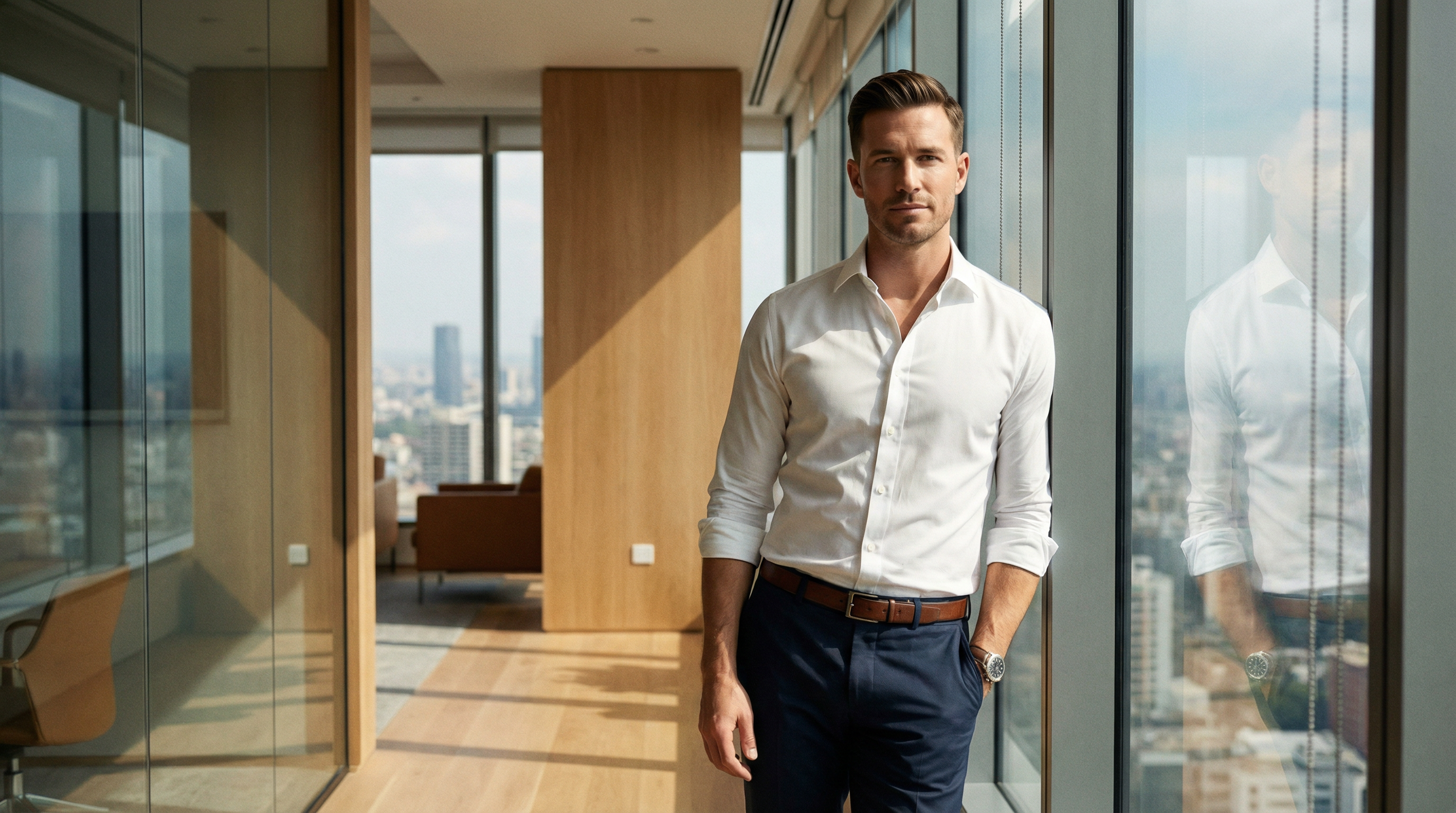 мужчина в деловой одежде — комфорт и уход за телом для офисных работников