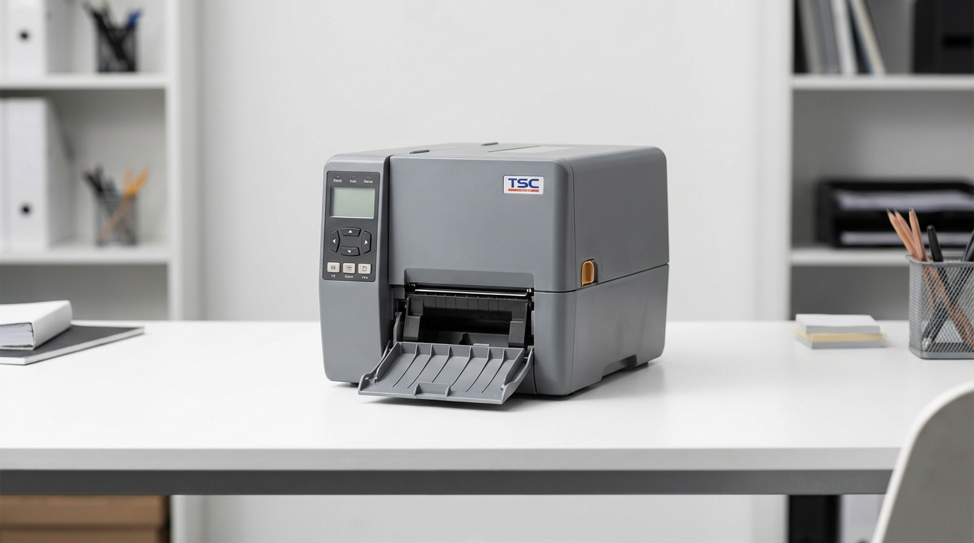 Фронтальный вид принтера этикеток TSC TE200 на столе