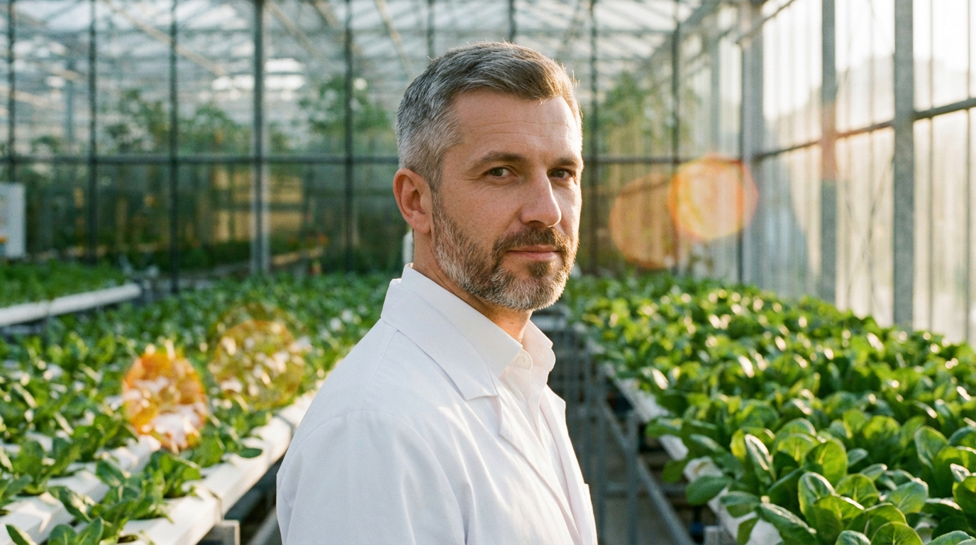 Сергей Воронин — портрет эксперта в агротехнологиях на фоне теплицы