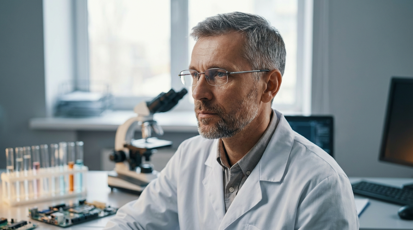 Дмитрий Козлов — портрет инженера в профессиональной среде с элементами лабораторного оборудования