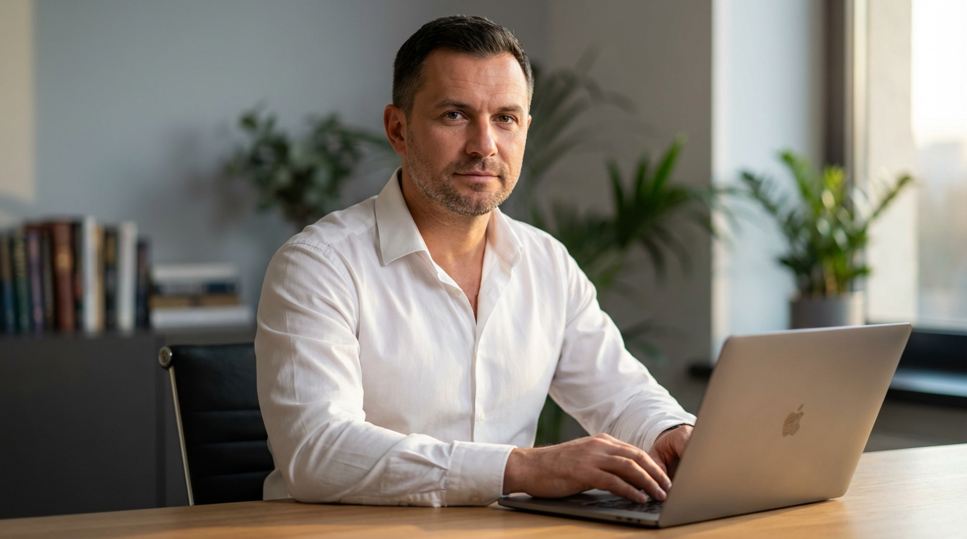 Дмитрий Ковалёв — портрет автора статьи, мужчина около 40 лет в светлой рубашке за рабочим столом с открытым ноутбуком