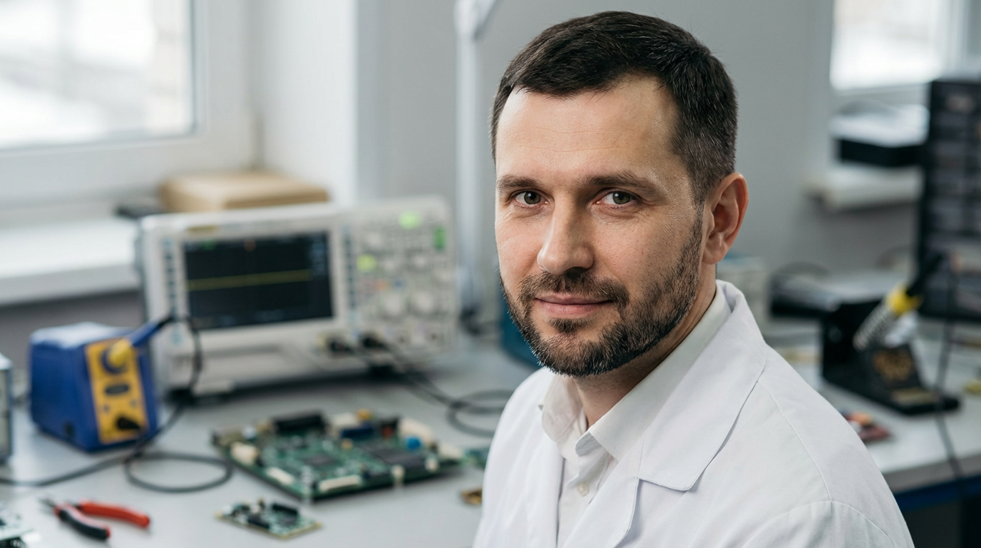 Дмитрий Козлов &mdash; портрет инженера в лабораторной обстановке с элементами электроники