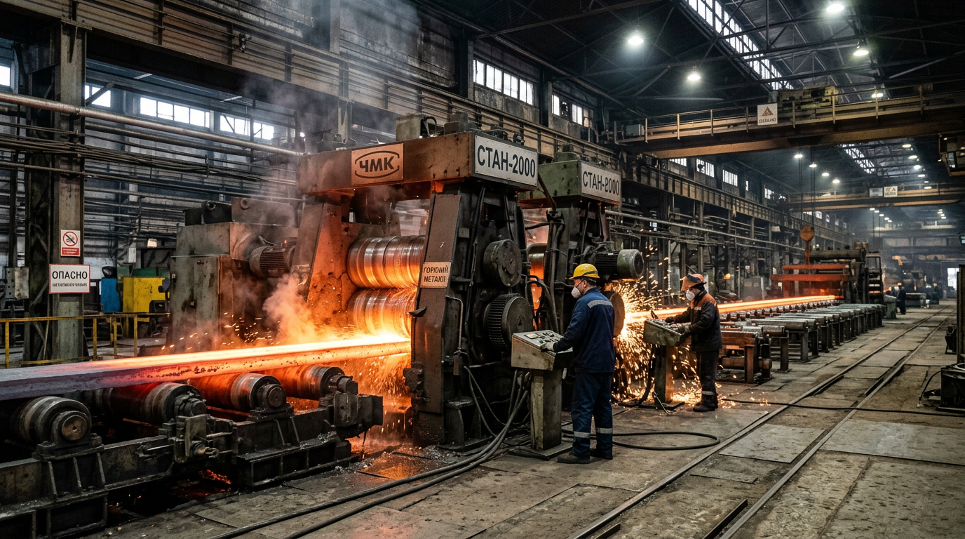 Фотореалистичное изображение промышленного цеха по прокату металла в Челябинске, средний план с ракурсом сбоку на уровне глаз, показывающий