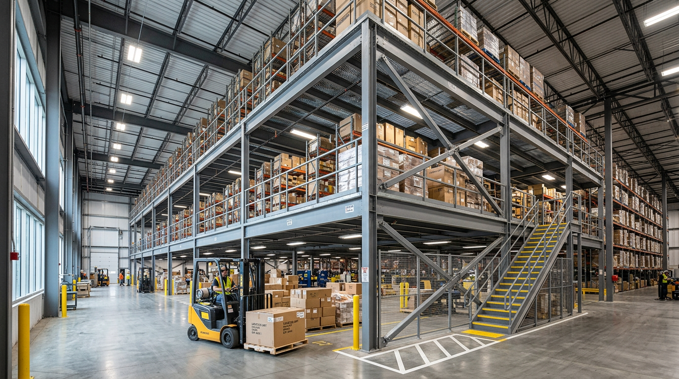 Фотореалистичное изображение двухуровневой металлической антресольной конструкции в современном логистическом центре, общий план с ракурсом