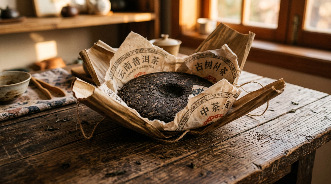 Прессованный пуэр в традиционной упаковке на деревянном фоне