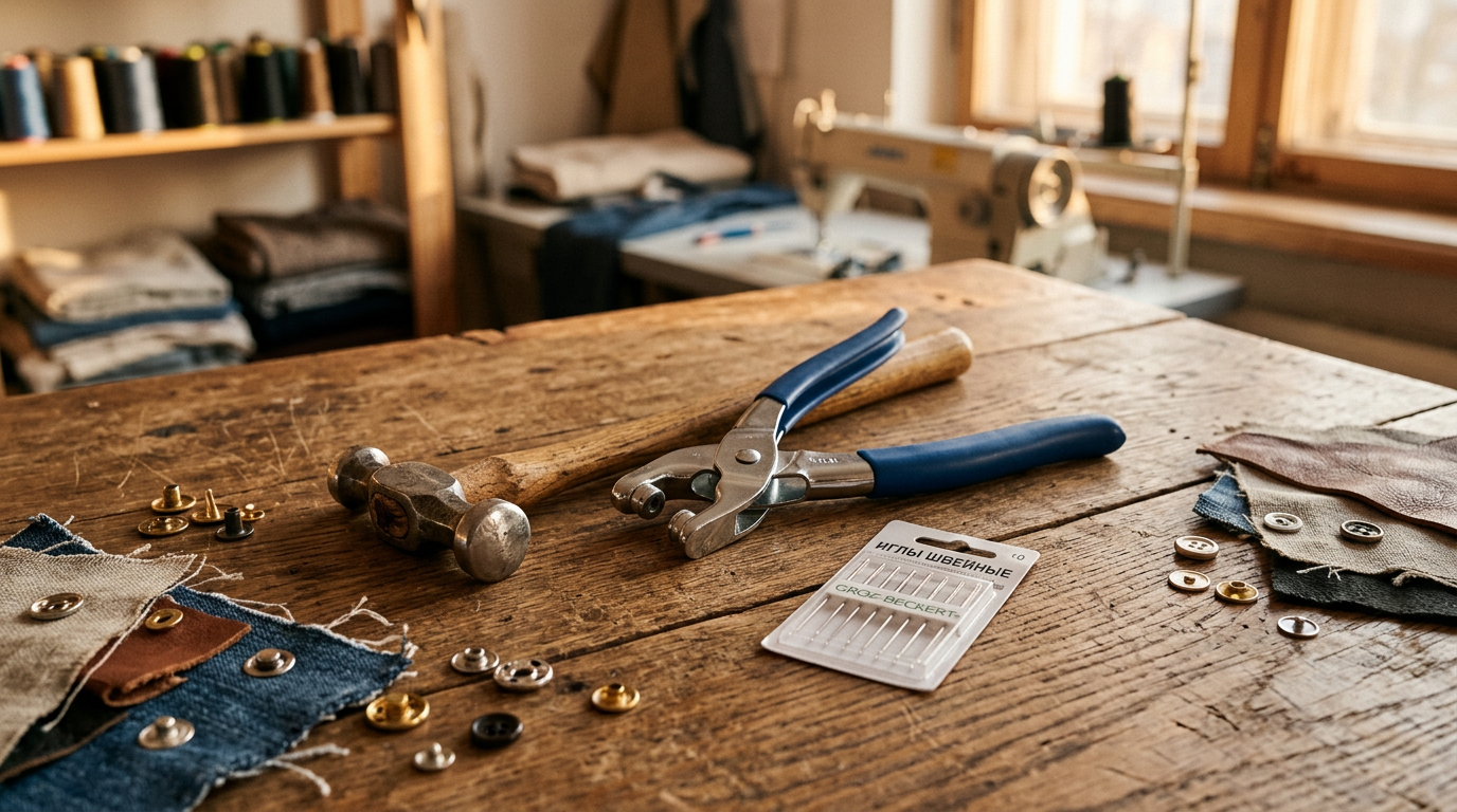 Инструменты для установки швейной фурнитуры: плоскогубцы, молоток и иглы