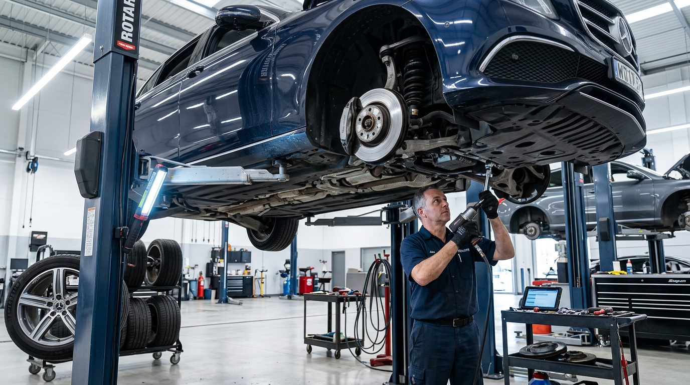 Автомобиль на подъемнике в автосервисе во время технического обслуживания