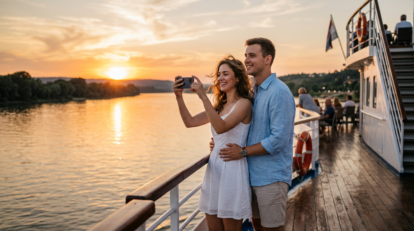 Туристы делают фото с палубы теплохода во время прогулки