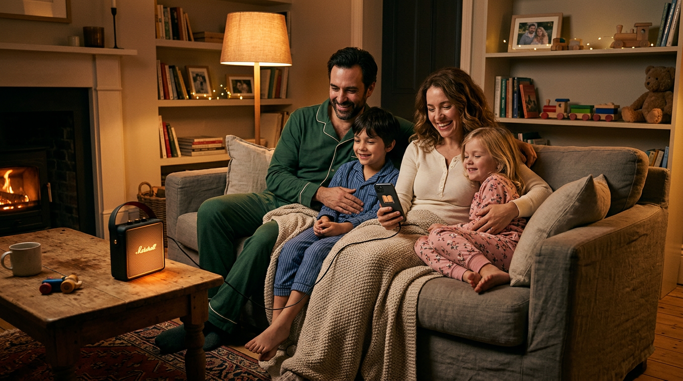 Семья слушает аудиосказку вместе вечером