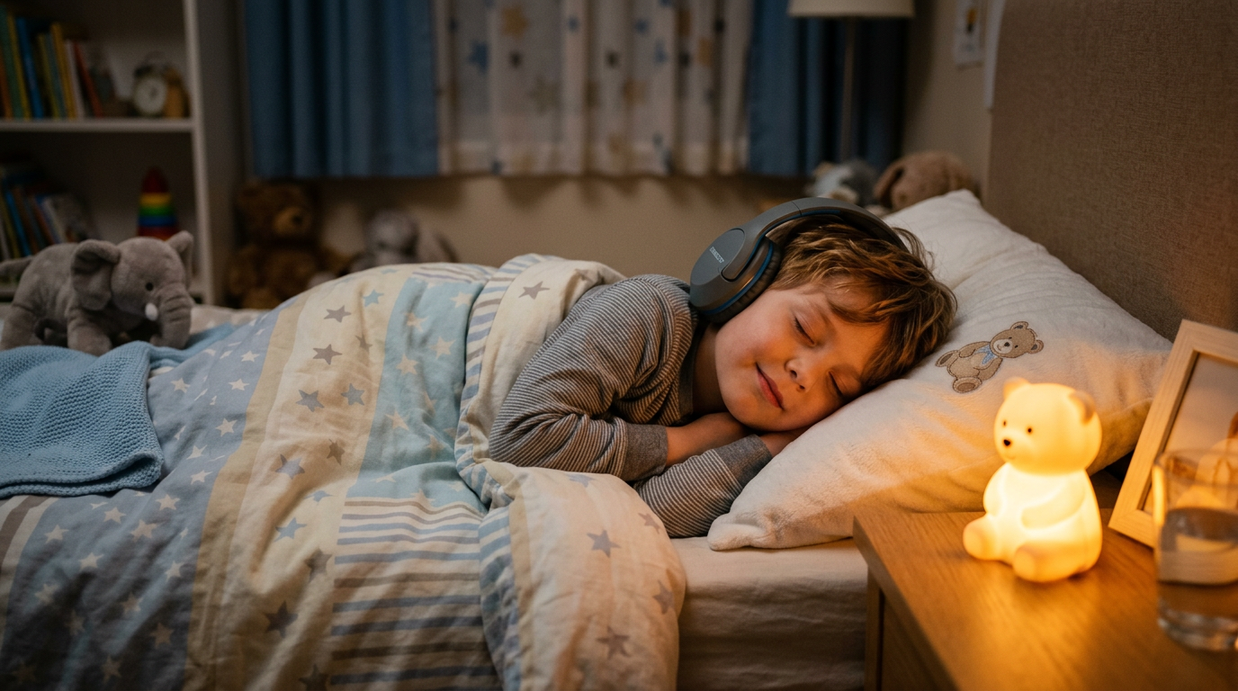 Ребенок лежит в постели и слушает аудиосказку перед сном с наушниками
