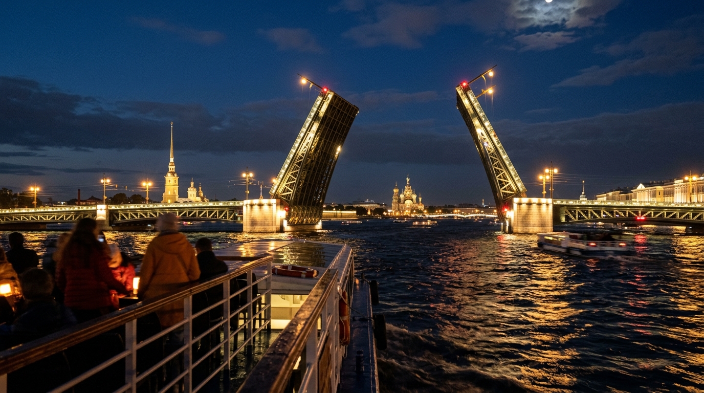 Ночной развод мостов в Санкт-Петербурге с теплохода