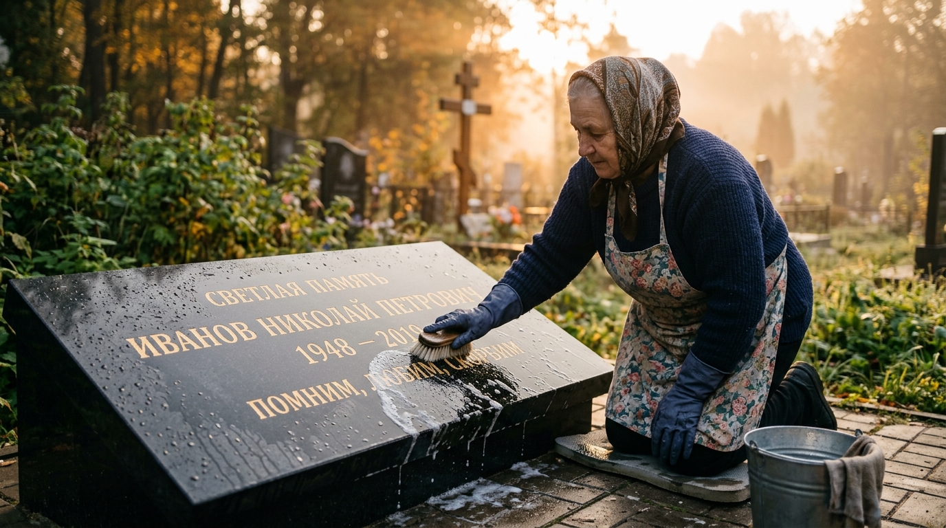 Еженедельная чистка гранитного памятника мягкой щеткой и водой