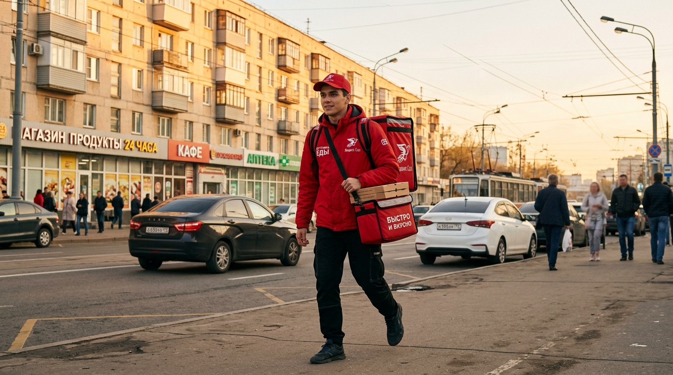Курьер с сумкой доставки на улице российского города