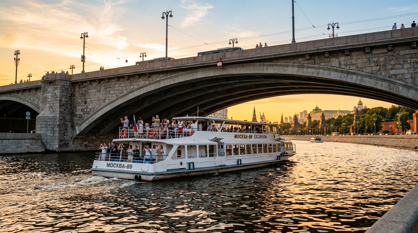 Теплоход проплывает под арками московских мостов во время экскурсии