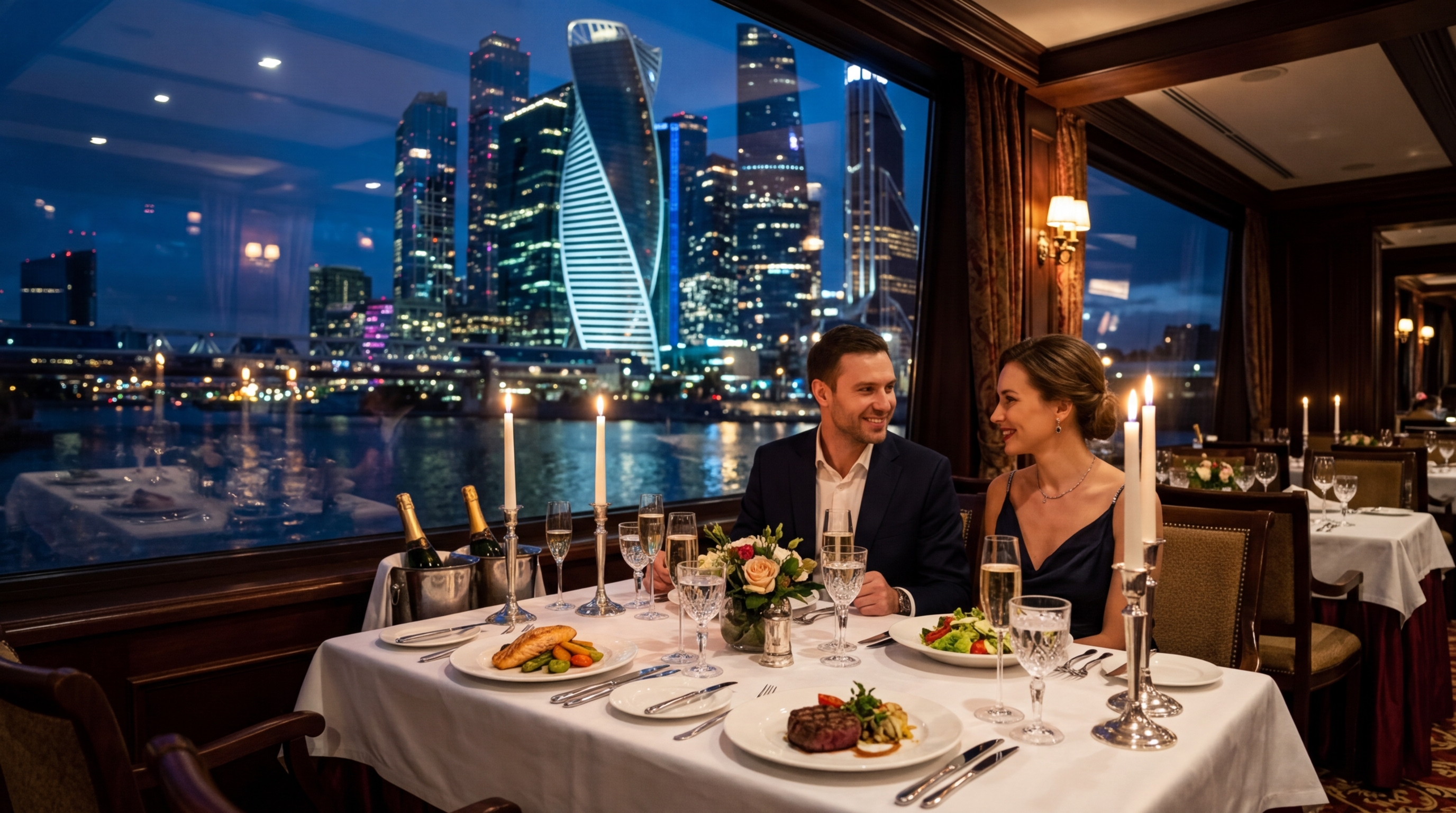 Ужин на теплоходе с видом на освещенные небоскребы Москвы