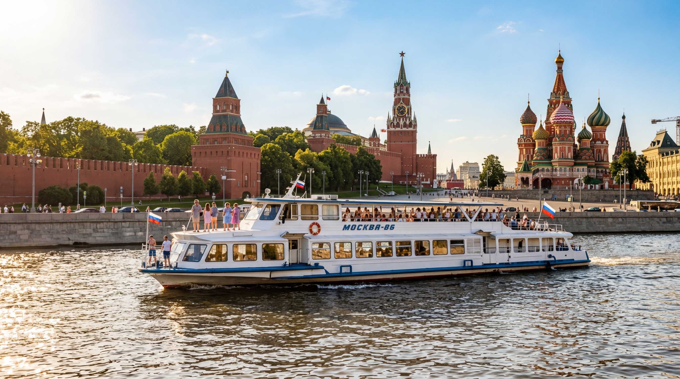 Теплоход плывет по Москве-реке мимо Кремля и Красной площади в солнечный день