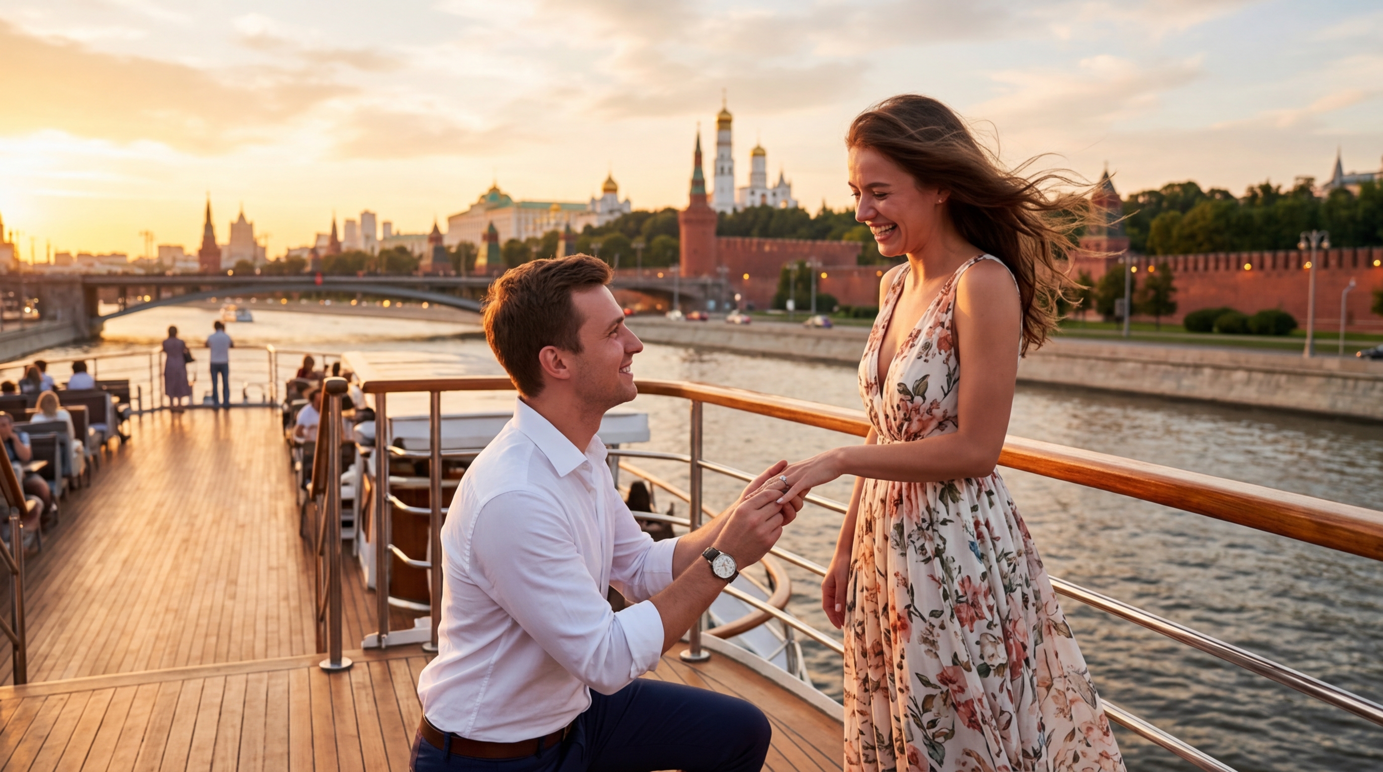 Парочка на палубе теплохода во время помолвки с видом на Кремль