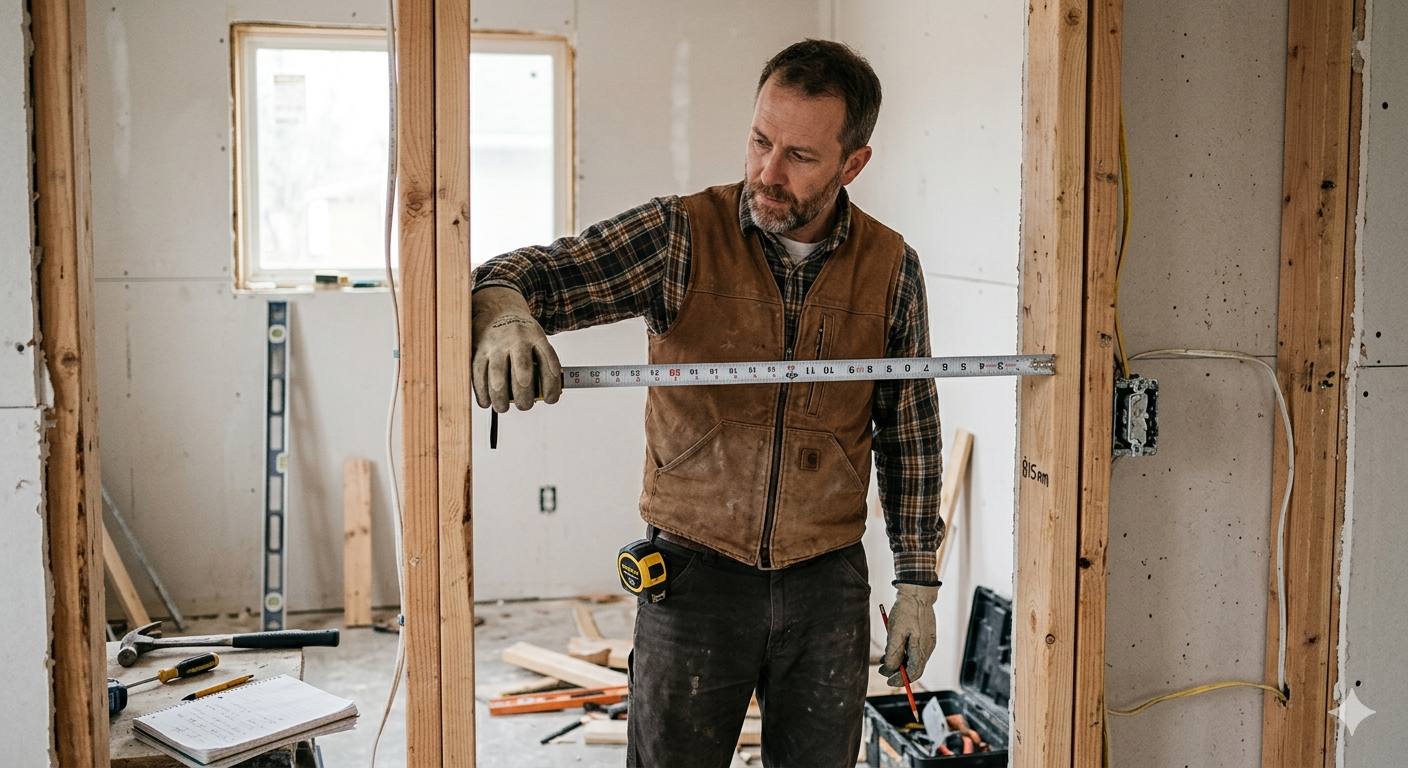 Человек измеряет дверной проем рулеткой и уровнем перед установкой